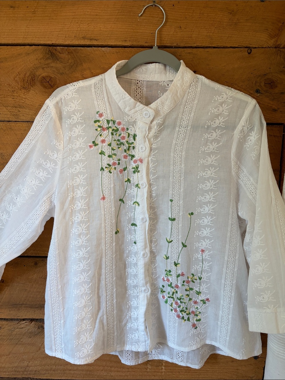 White Embroidered Floral Button-Up Shirt